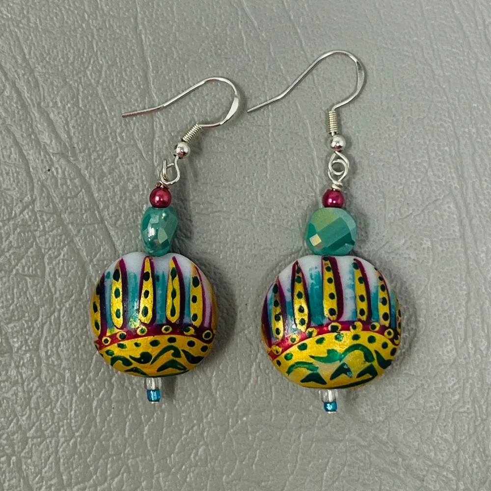 Hand‎ Painted Glass Bead Dangle Earrings Yellow Teal Gold Boho Drop Earrings